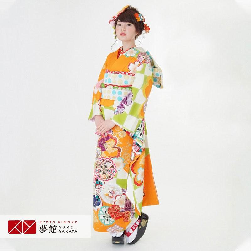 振袖 レンタル 成人式 結婚式 橙色 花と鶴(絹)(R1772)12月〜1月利用 