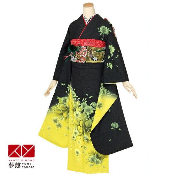 振袖 レンタル 成人式 レンタル 結婚式 レディースファッション 黒 黄 枝垂桜 絹 R1363