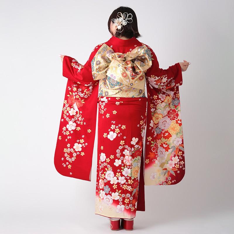 振袖 レンタル 成人式 結婚式 赤 熨斗に菊桜(絹)(特)(R1802)12月〜1月利用 対応身長150〜160cm RS1803の画像