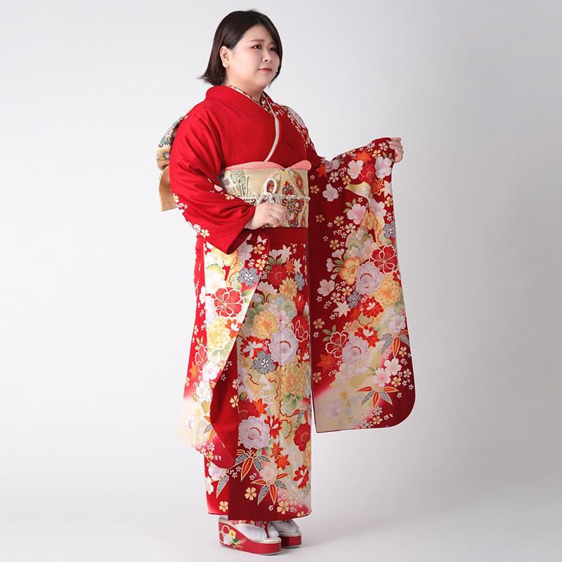 振袖 レンタル 成人式 結婚式 赤 熨斗に菊桜(絹)(特)(R1802)12月〜1月利用 対応身長150〜160cm RS1803の画像