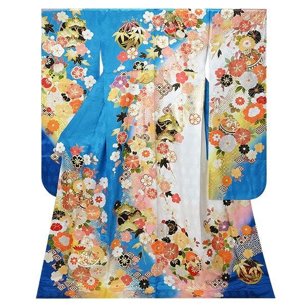 振袖 レンタル 成人式 結婚式 青×白 毬に桜菊梅松（絹）12月〜1月利用 対応身長165〜169cm RS1811の画像