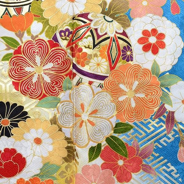 振袖 レンタル 成人式 結婚式 青×白 毬に桜菊梅松（絹）12月〜1月利用 対応身長165〜169cm RS1811の画像