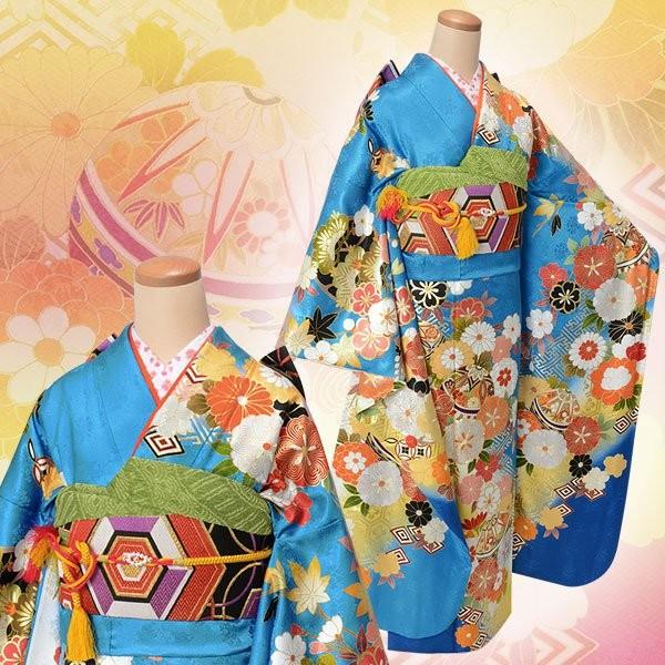 振袖 レンタル 成人式 結婚式 青×白 毬に桜菊梅松（絹）12月〜1月利用 対応身長165〜169cm RS1811の画像