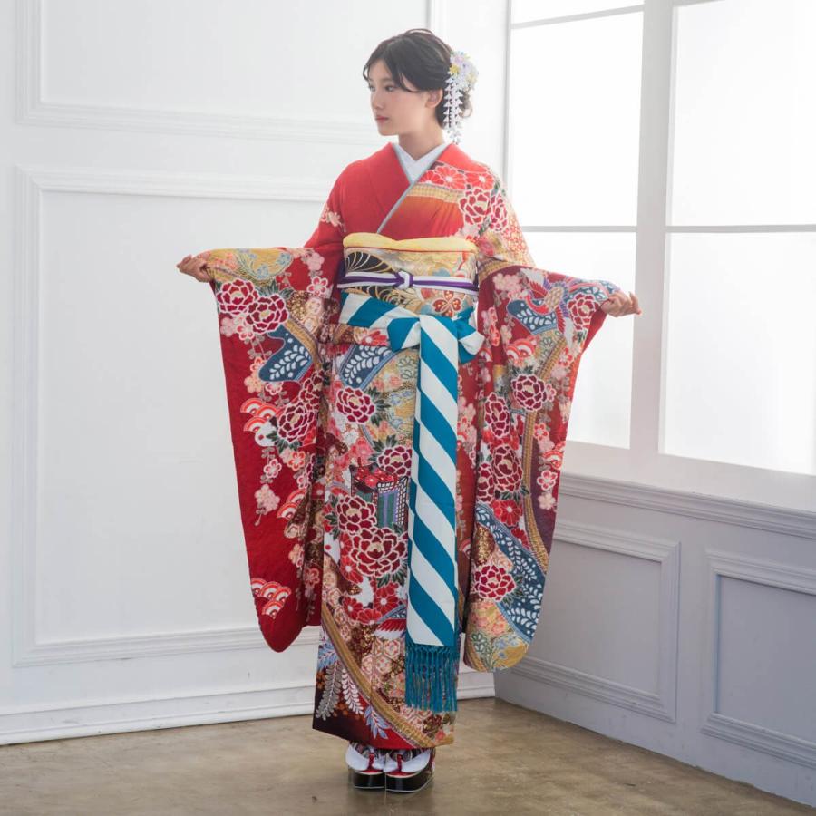 定価58500円振袖 レンタル 成人式 結婚式 朱 しだれ梅に御所車と牡丹に