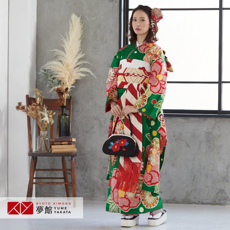 振袖 レンタル 成人式 結婚式 緑 紅椿に菊梅(絹)12月〜1月利用 対応
