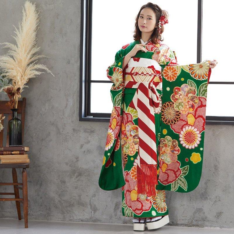 振袖 レンタル 成人式 結婚式 緑 紅椿に菊梅(絹)12月〜1月利用 対応