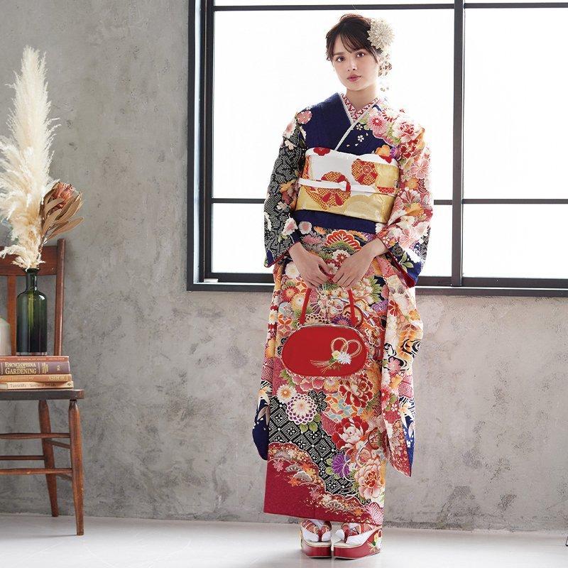 振袖 レンタル 成人式 結婚式 濃紺 桧扇に花と宝尽し12月〜1月 振袖 レンタル 成人式 結婚式 濃紺 桧扇に花と宝尽し12月〜1月