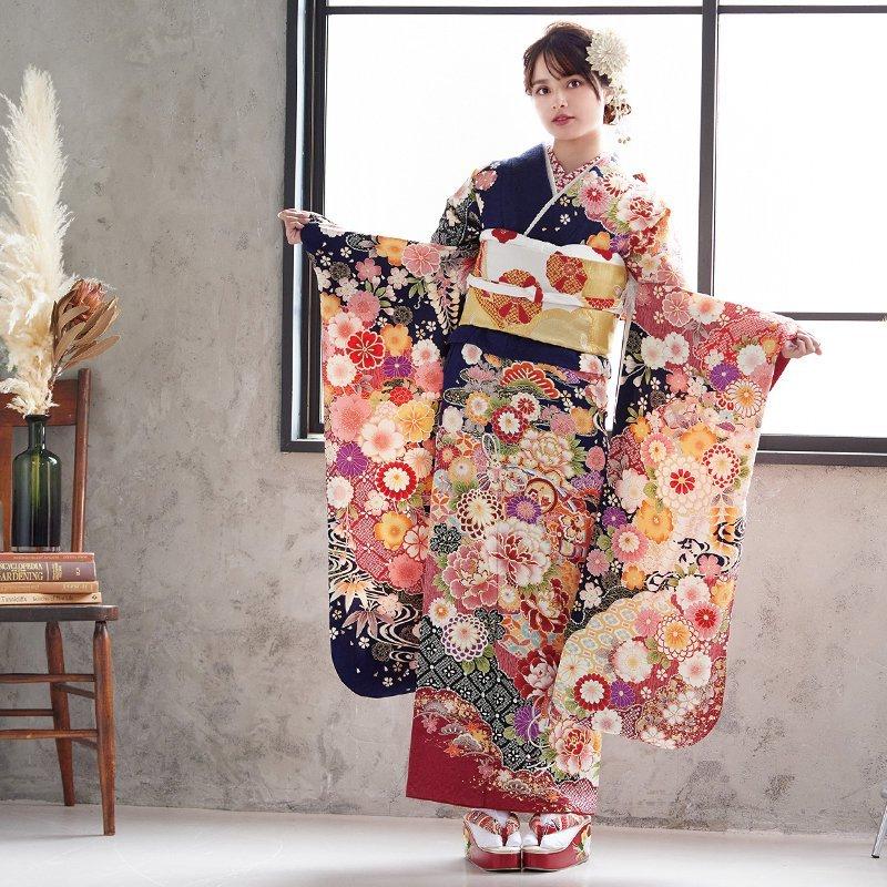 振袖 レンタル 成人式 結婚式 濃紺 桧扇に花と宝尽し12月〜1月 振袖 レンタル 成人式 結婚式 濃紺 桧扇に花と宝尽し12月〜1月