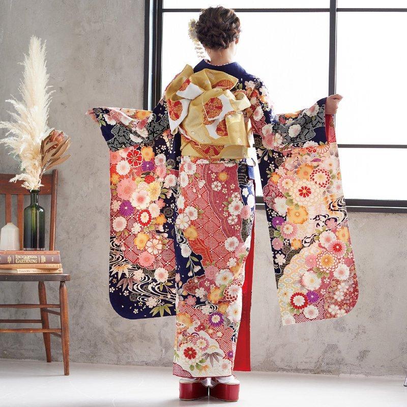 振袖 レンタル 成人式 結婚式 濃紺 桧扇に花と宝尽し12月〜1月 振袖 レンタル 成人式 結婚式 濃紺 桧扇に花と宝尽し12月〜1月