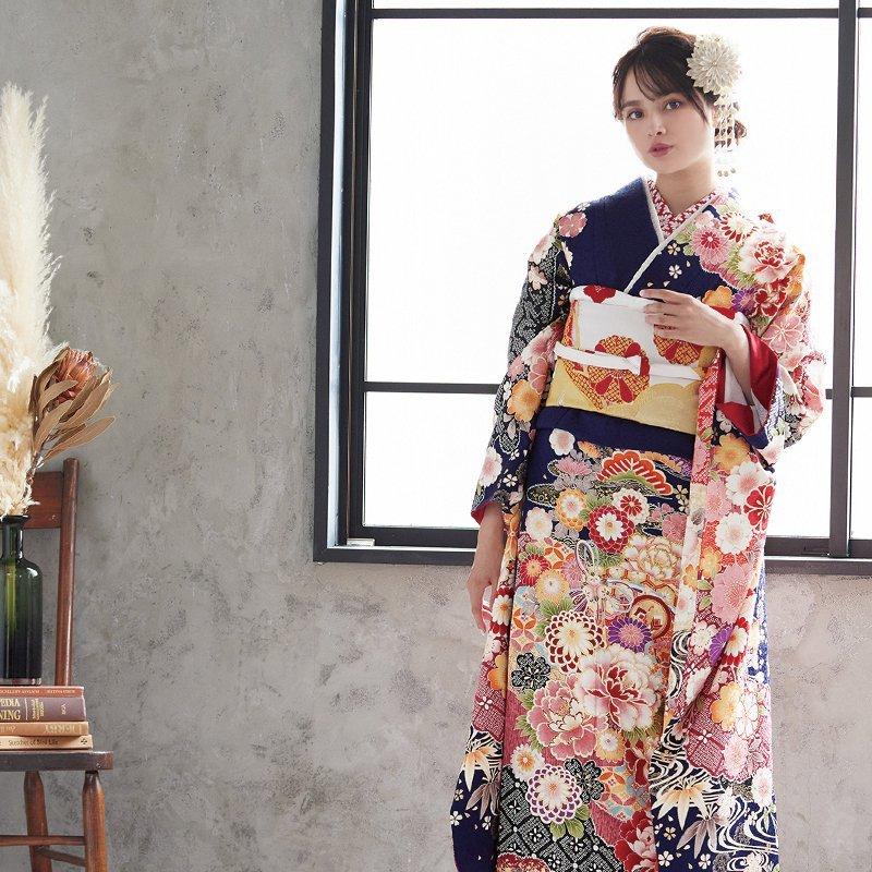 振袖 レンタル 成人式 結婚式 濃紺 桧扇に花と宝尽し12月〜1月 振袖 レンタル 成人式 結婚式 濃紺 桧扇に花と宝尽し12月〜1月