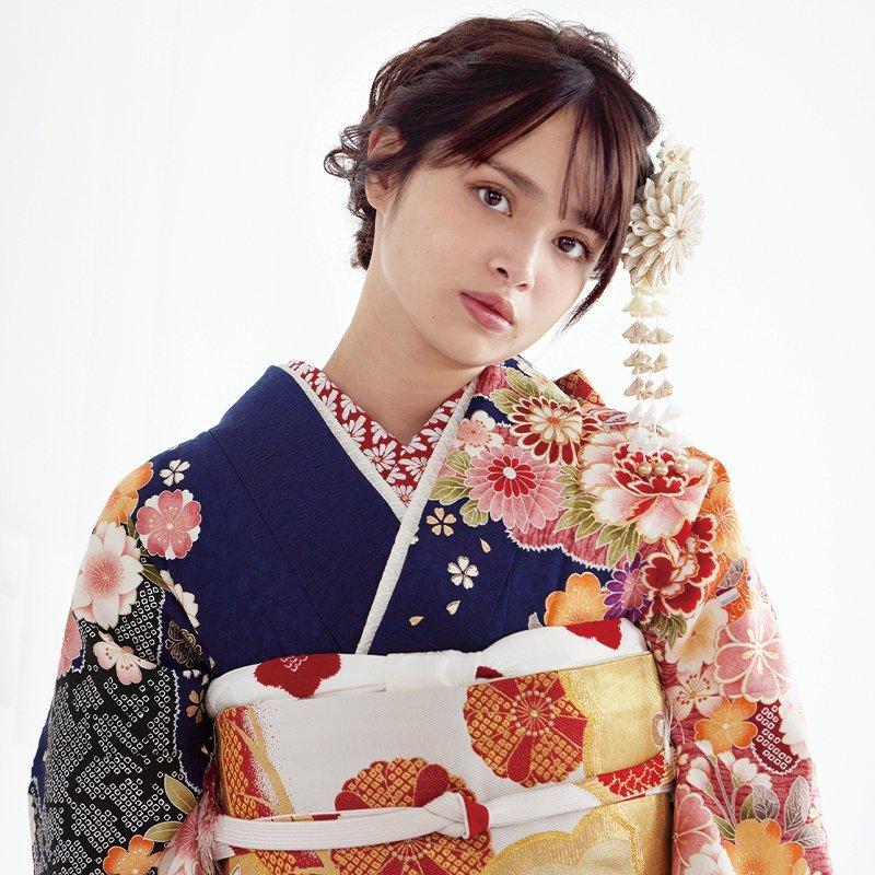振袖 レンタル 成人式 結婚式 濃紺 桧扇に花と宝尽し12月〜1月 振袖 レンタル 成人式 結婚式 濃紺 桧扇に花と宝尽し12月〜1月