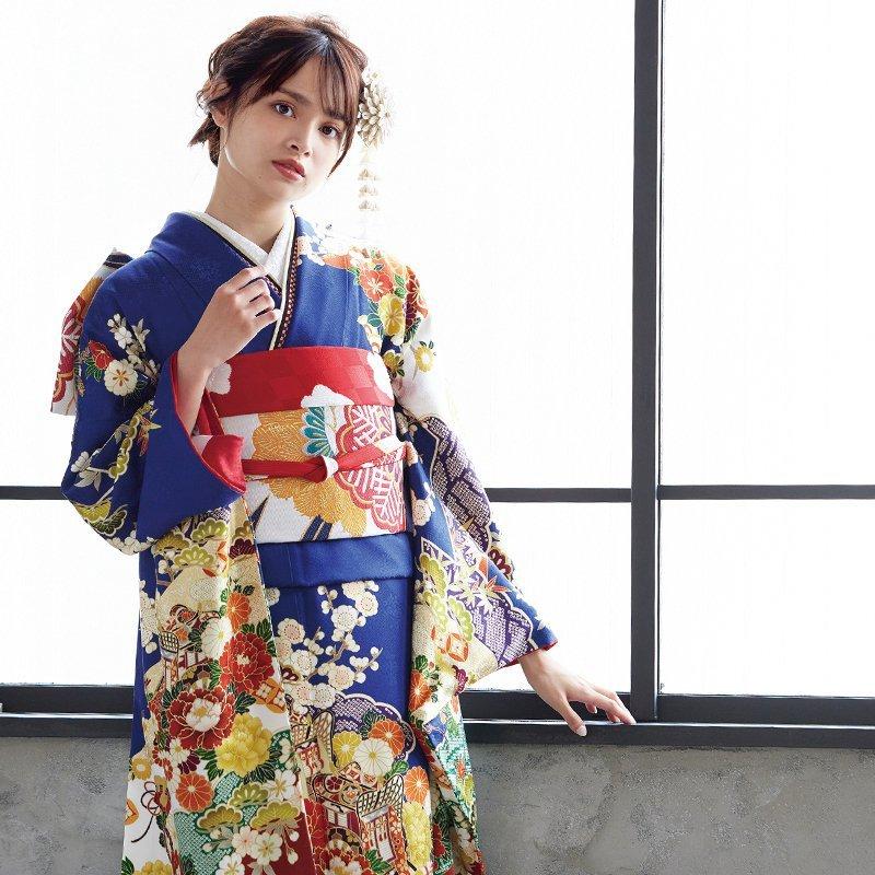 振袖 レンタル 成人式 結婚式 紺 雲取りに花と御所車(絹)12月〜1月利用