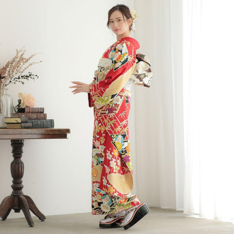 振袖 レンタル 成人式 結婚式 赤 雲取り松皮菱に花(絹) 一点物12月〜1 