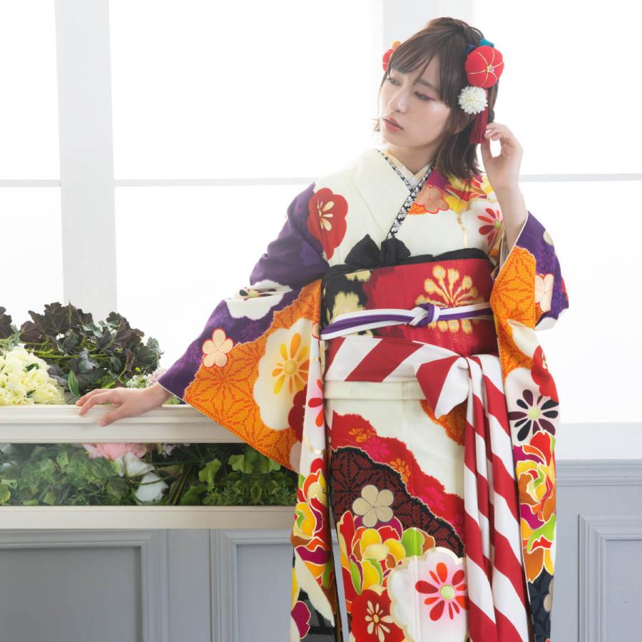 振袖 レンタル 成人式 結婚式 クリーム色 雲取りに牡丹と菊 紅一点12月
