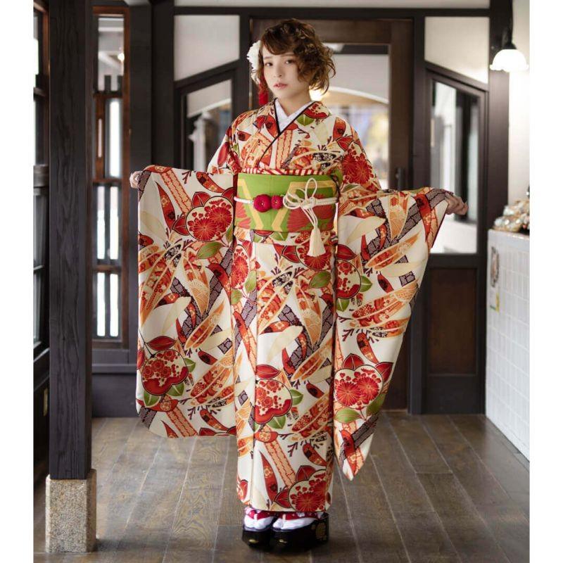 定価44900円振袖 レンタル 成人式 結婚式 クリーム色 橘と笹竹 九重 12