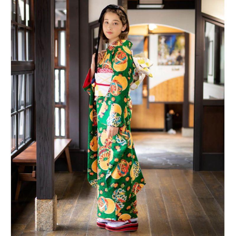 振袖 レンタル 成人式 結婚式 緑 毬に牡丹 モダンアンテナ12月〜1月