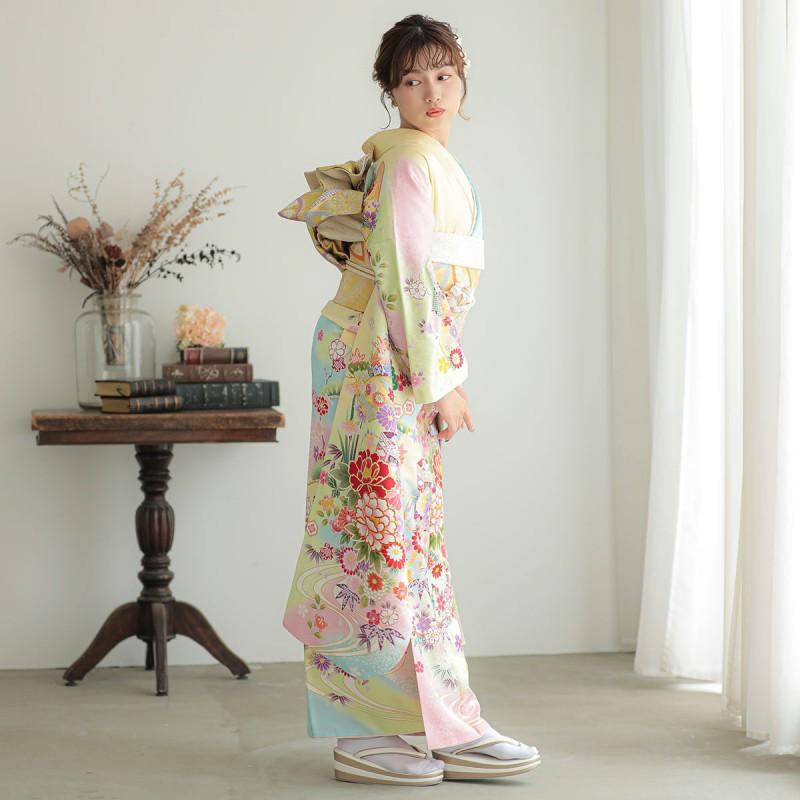 振袖 レンタル 成人式 結婚式 黄ぼかし 吉祥貝桶に四季の花(絹)(R1377)12月〜1月利用 対応身長165〜169cm RS1865の画像