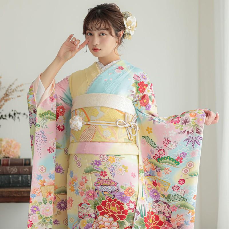 振袖 レンタル 成人式 結婚式 黄ぼかし 吉祥貝桶に四季の花(絹)(R1377)12月〜1月利用 対応身長165〜169cm RS1865の画像