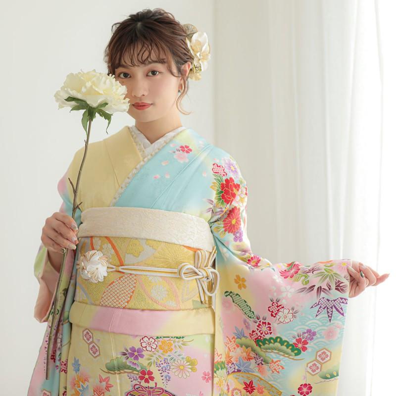 振袖 レンタル 成人式 結婚式 黄ぼかし 吉祥貝桶に四季の花(絹)(R1377)12月〜1月利用 対応身長165〜169cm RS1865の画像