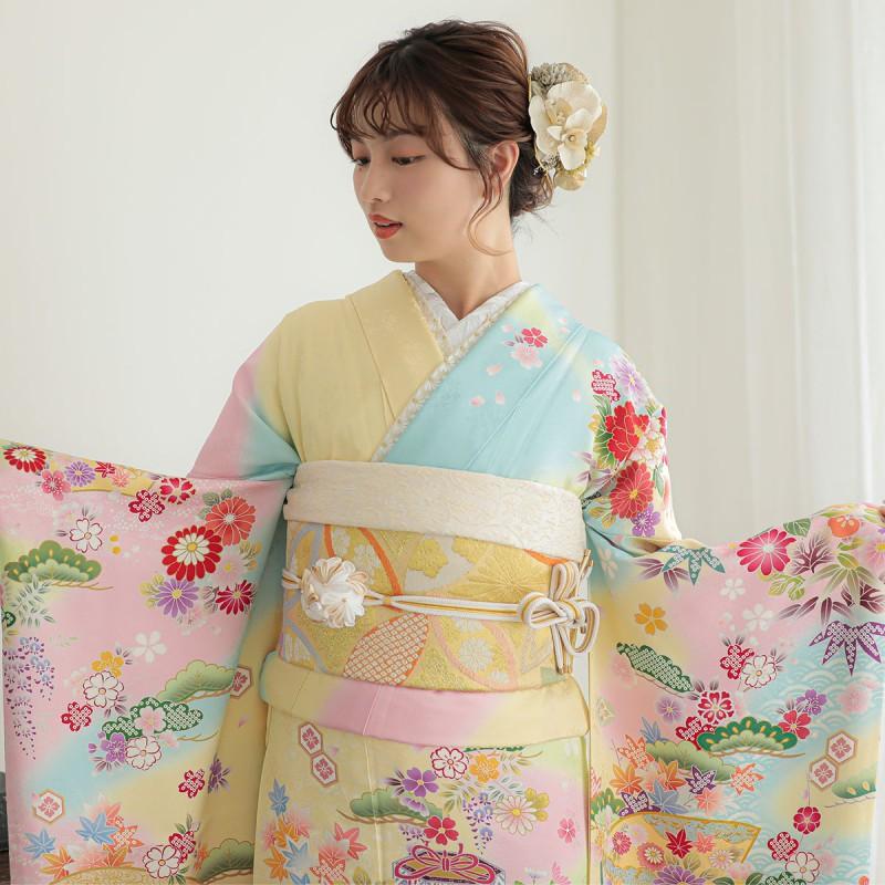 振袖 レンタル 成人式 結婚式 黄ぼかし 吉祥貝桶に四季の花(絹)(R1377)12月〜1月利用 対応身長165〜169cm RS1865の画像