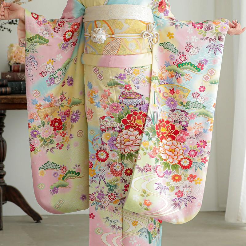 振袖 レンタル 成人式 結婚式 黄ぼかし 吉祥貝桶に四季の花(絹)(R1377)12月〜1月利用 対応身長165〜169cm RS1865の画像
