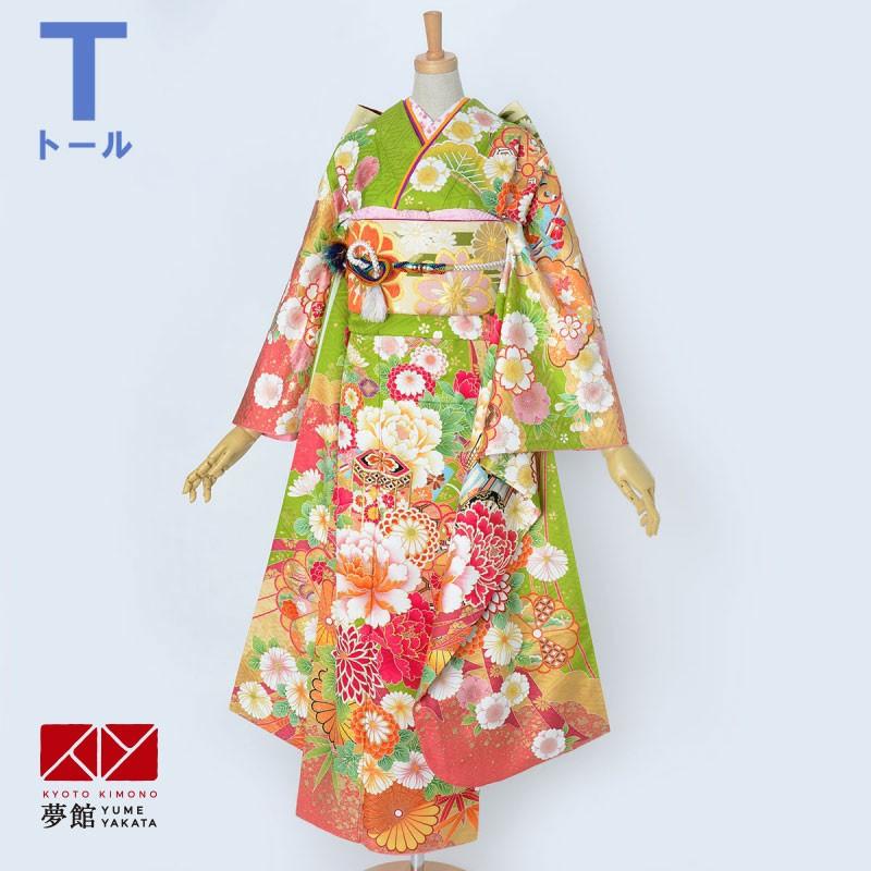 振袖 レンタル 成人式 結婚式 黄緑 平安朝 御簾に松牡丹(絹)(R1676)12月〜1月利用 対応身長165〜169cm RS1876