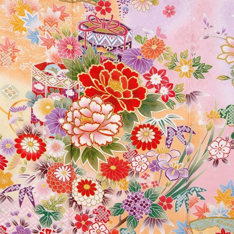 振袖 レンタル 成人式 結婚式 オレンジぼかし 吉祥貝桶に四季の花(絹)(R1378)12月〜1月利用 対応身長165〜173cm RS1879の画像