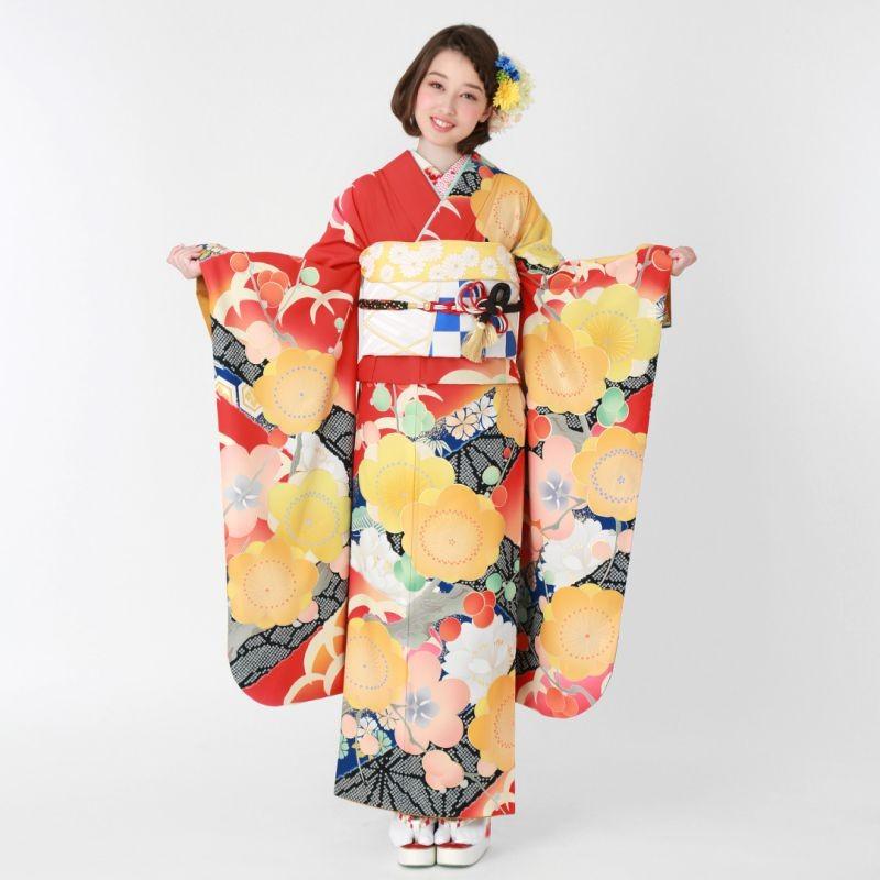 振袖 レンタル 成人式 結婚式 朱色 梅尽くし 芸艸堂 12月〜1月利用 対応身長154〜165cm RS1881の画像