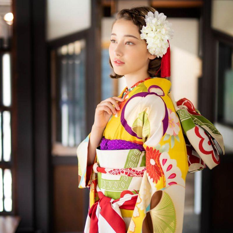 振袖 レンタル 成人式 結婚式 黄色 貝桶と桧扇に梅(絹) 芸艸堂 12月〜1月利用 対応身長154〜165cm RS1882の画像