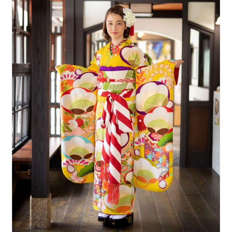 振袖 レンタル 成人式 結婚式 黄色 貝桶と桧扇に梅(絹) 芸艸堂 12月〜1月利用 対応身長154〜165cm RS1882の画像