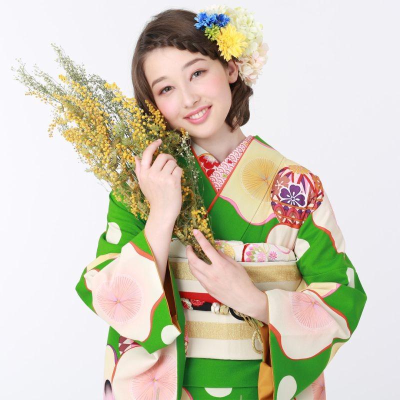 振袖 レンタル 成人式 結婚式 緑 枝梅と毬 芸艸堂12月〜1月利用 対応