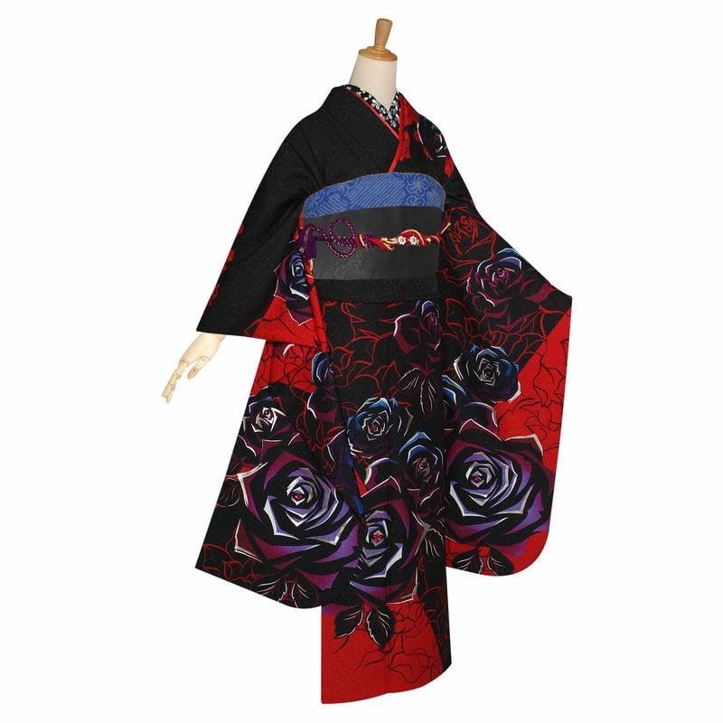 振袖 レンタル 成人式 結婚式 訳あり商品 安い 黒赤 薔薇(絹)(R1137)12月〜1月利用 対応身長154〜165cm RS1898の画像