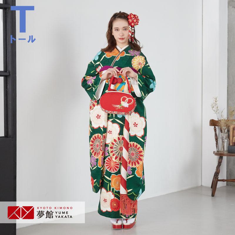 振袖 レンタル 成人式 結婚式 緑 菊桜(絹)(R1809)12月〜1月利用 対応身長170〜176cm RS1902