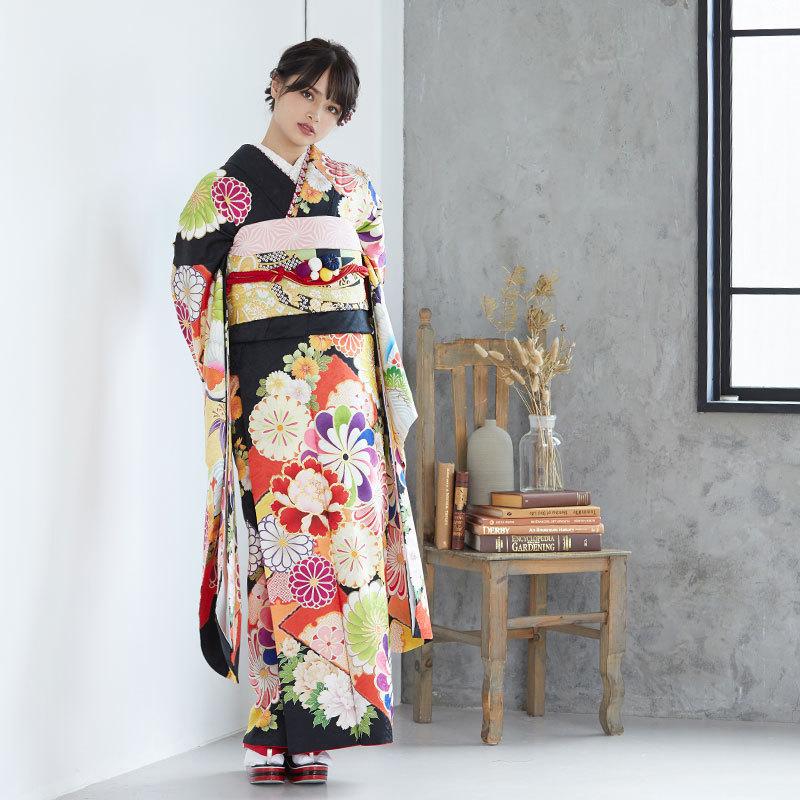 定価63900円 振袖 レンタル 成人式 結婚式 黒 牡丹にねじ梅鶴 紅一点