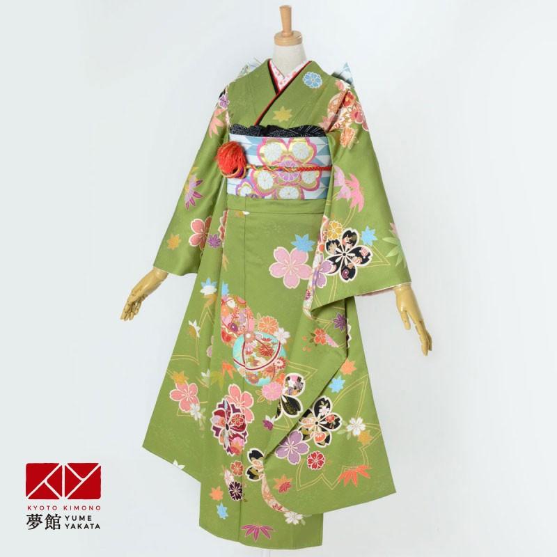 振袖 レンタル 成人式 結婚式 抹茶 手毬に桜(絹) 一点物 12月〜1月利用 対応身長154〜165cm RS1910