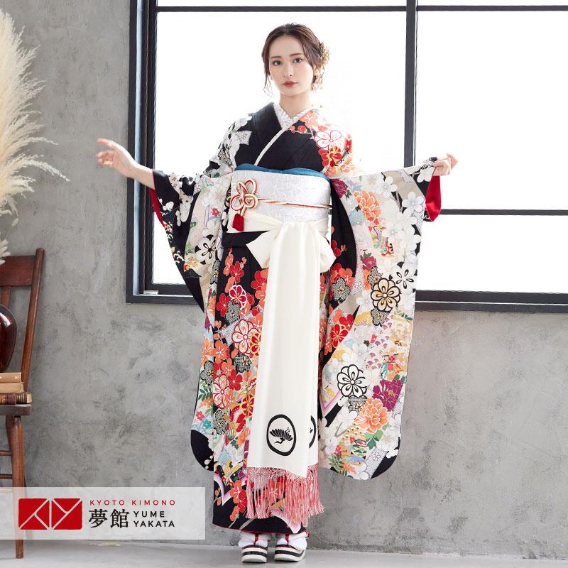 定価97500円振袖 レンタル 成人式 結婚式 黒 梅に蔓帯と地紙12月〜1月