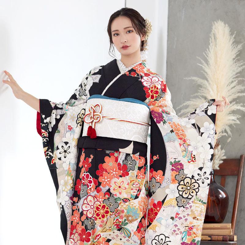 振袖 レンタル 成人式 結婚式 黒 梅に蔓帯と地紙12月〜1月利用 対応 