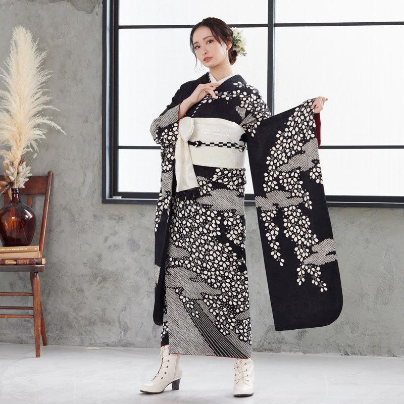 着物 振袖 菊の花柄 黒紫 final stage 使用品 2-9 KH-249】絞りで表