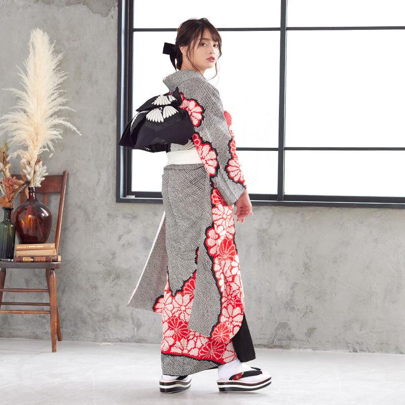 12月・1月利用 振袖 レンタル 成人式 結婚式 黒 総絞り 赤い菊12月〜1
