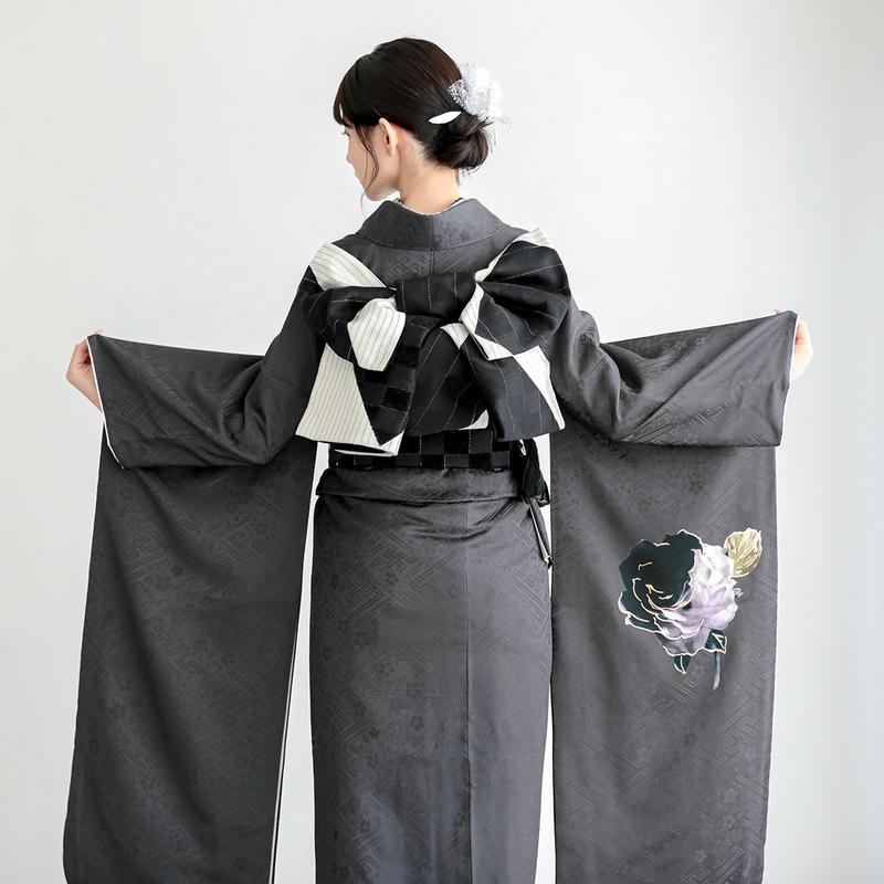 振袖 レンタル 成人式 結婚式 グレー 大輪薔薇(R2213) 紅一点12月〜1月