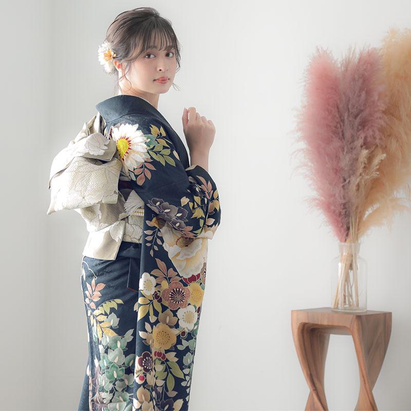 振袖 レンタル 成人式 結婚式 黒紺 牡丹と藤花(R2110) Dear12月〜1月