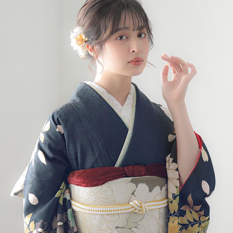 振袖 レンタル 成人式 結婚式 黒紺 牡丹と藤花(R2110) Dear12月〜1月