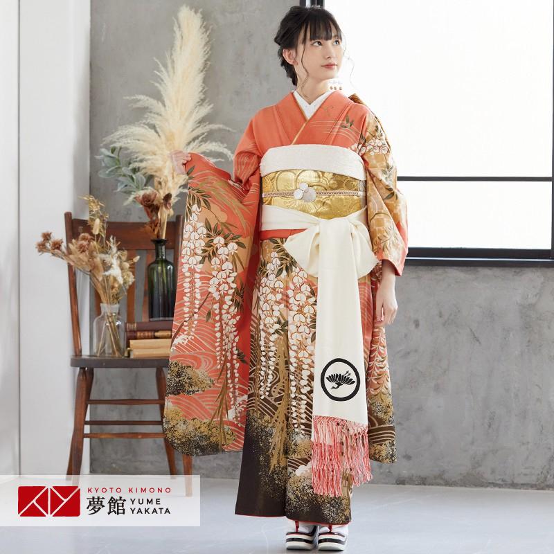 定価63400円振袖 レンタル 成人式 結婚式 珊瑚色 藤柳橋に水車(絹)(宅