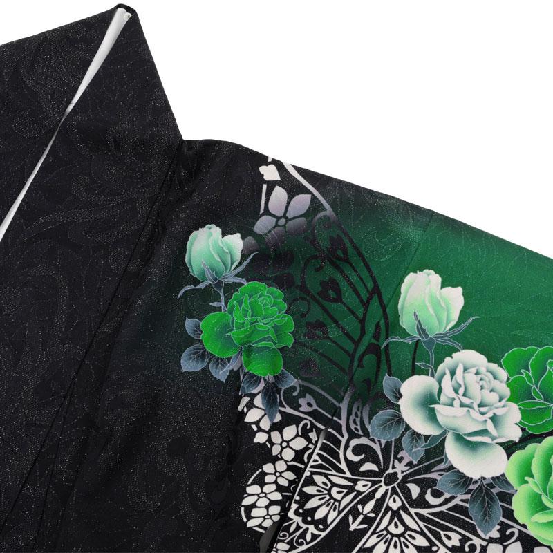 振袖 レンタル 成人式 結婚式 黒×緑 薔薇に蝶12月〜1月利用 対応身長