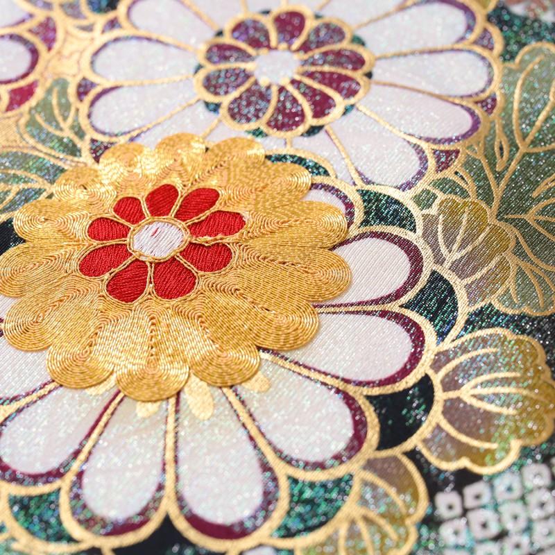 振袖　納戸色　花文様　バラ　刺繍　ラメ　美品 YUMI KATSURA（ユミカツラ） 振袖 レンタル 成人式 結婚式 クリーム