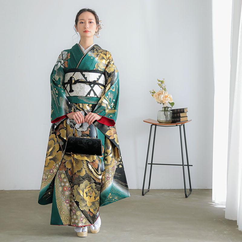 深緑のクールな牡丹と菊に流水の古典振袖フルセット YUMI KATSURA（ユミカツラ） 振袖 レンタル 成人式 結婚式 深緑 牡丹に