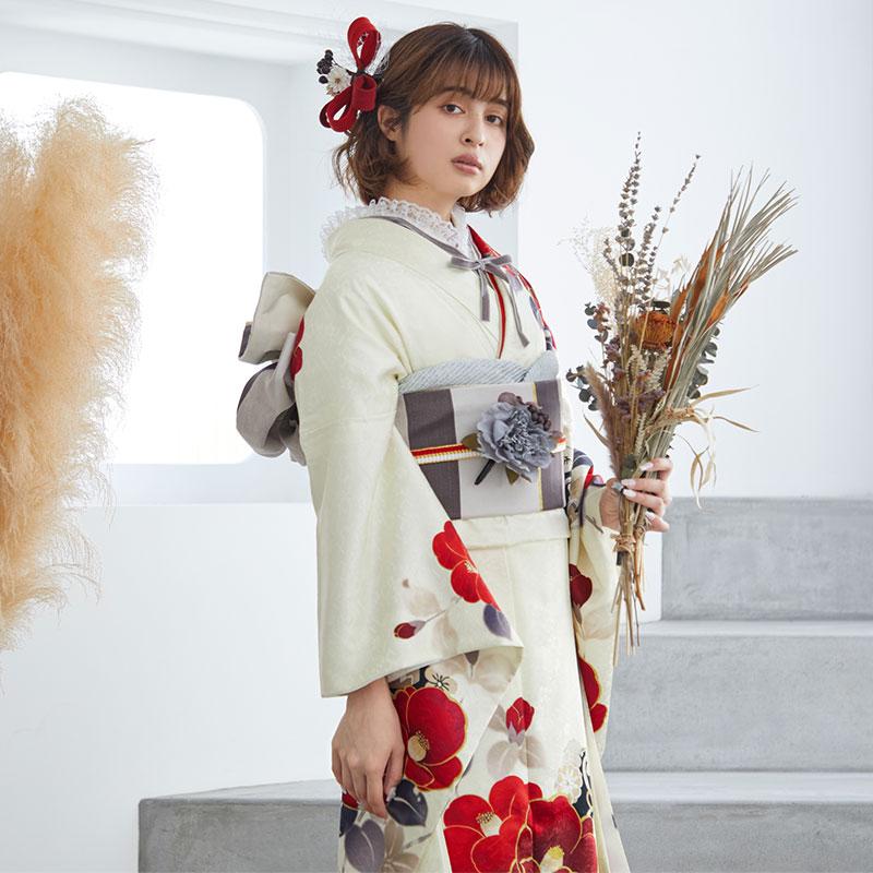 振袖 レンタル 成人式 結婚式 クリーム 赤椿に花丸文 Vサンク12月〜1月