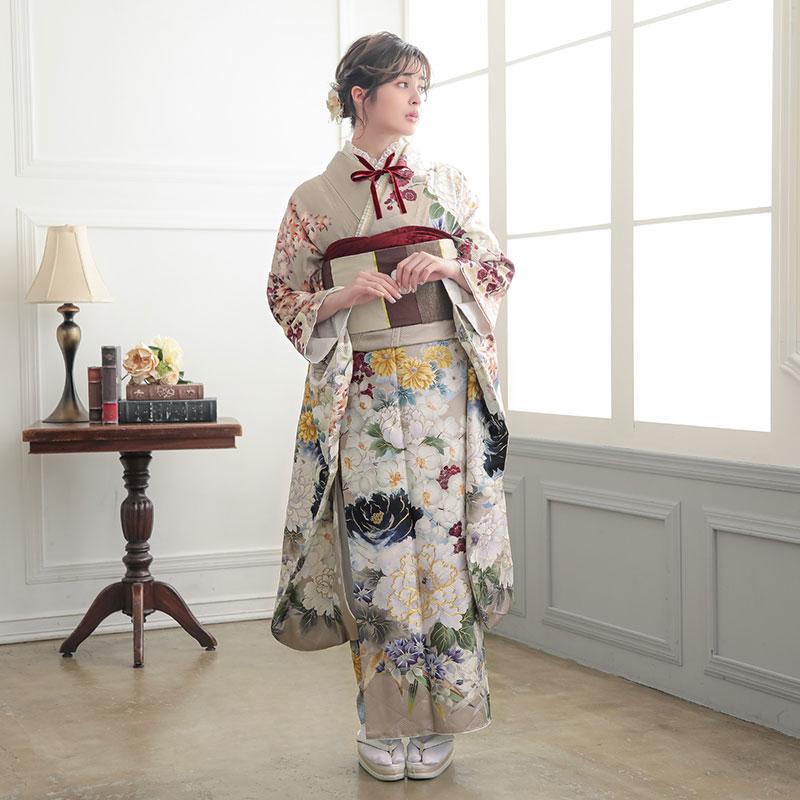 振袖 レンタル 成人式 結婚式 薄茶 百華流水（R2017) Vサンク12月〜1月