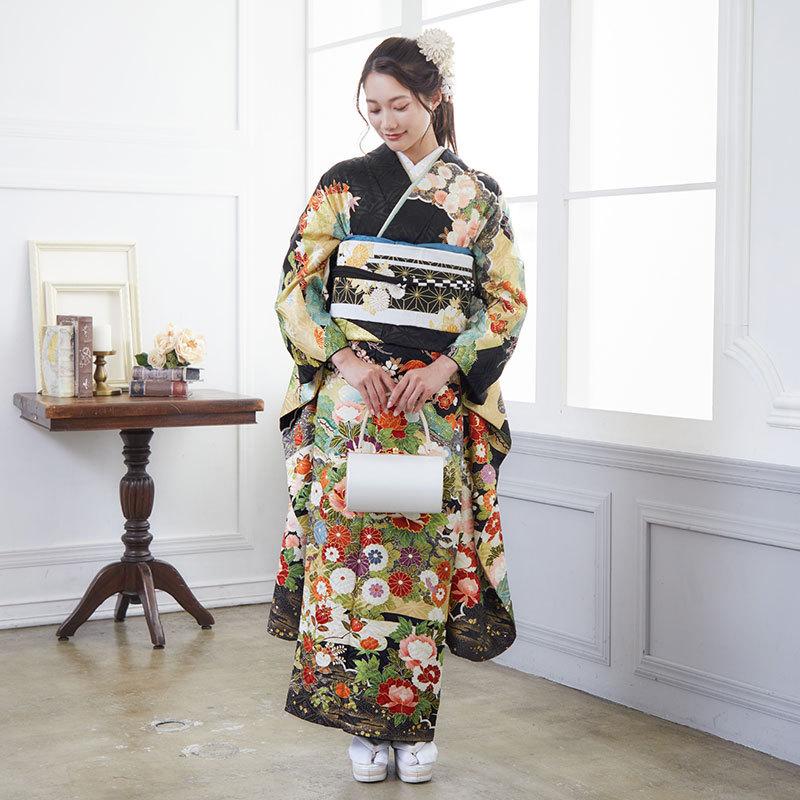 振袖 レンタル 成人式 結婚式 吉澤の友禅黒 牡丹に花々 吉澤の友禅12月