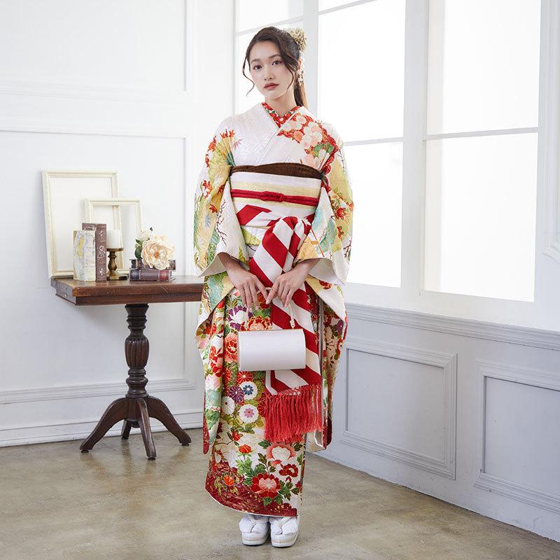 振袖 レンタル 成人式 結婚式 吉澤の友禅白 牡丹に花々 吉澤の友禅12月
